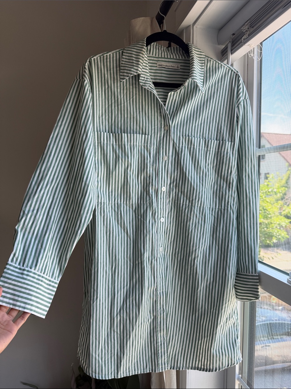 Abercrombie & Fitch Green and White Striped Button-Down Shirt Dress